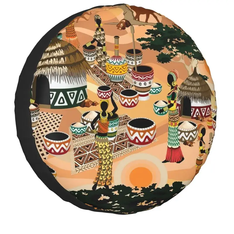 African Tribal Village Women Life Spare Tire Cover for Mitsubishi Pajero 4WD 4x4 Trailer Wheel Protector 14