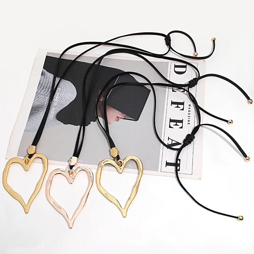 ALLYES Irregular Hollow Big Heart Pendant Necklace for Women Vintage Black Leather Rope Chain Necklaces Charm Jewelry