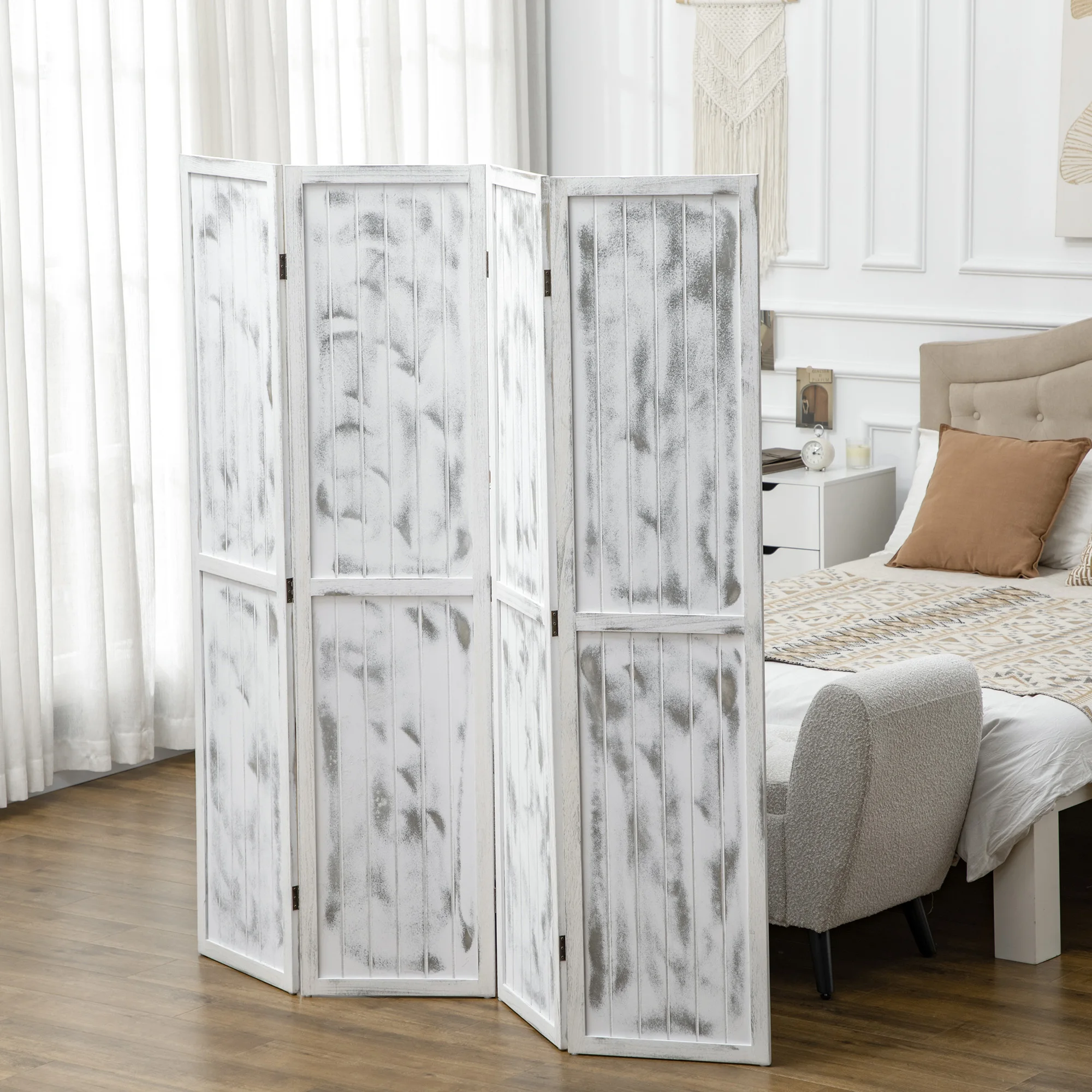 HOMCOM 4 panel folding room divider 160,5x170 cm room divider bedroom decoration elegant living room rustic white kitchen