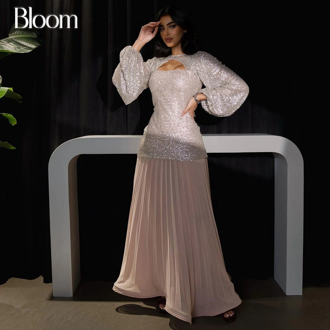 Bloom Sequins Cut-out Prom Dresses Puff Long Sleeves Pleated Ankle-length Elegant Women Evening Dresses 2024 Formal Party Gown