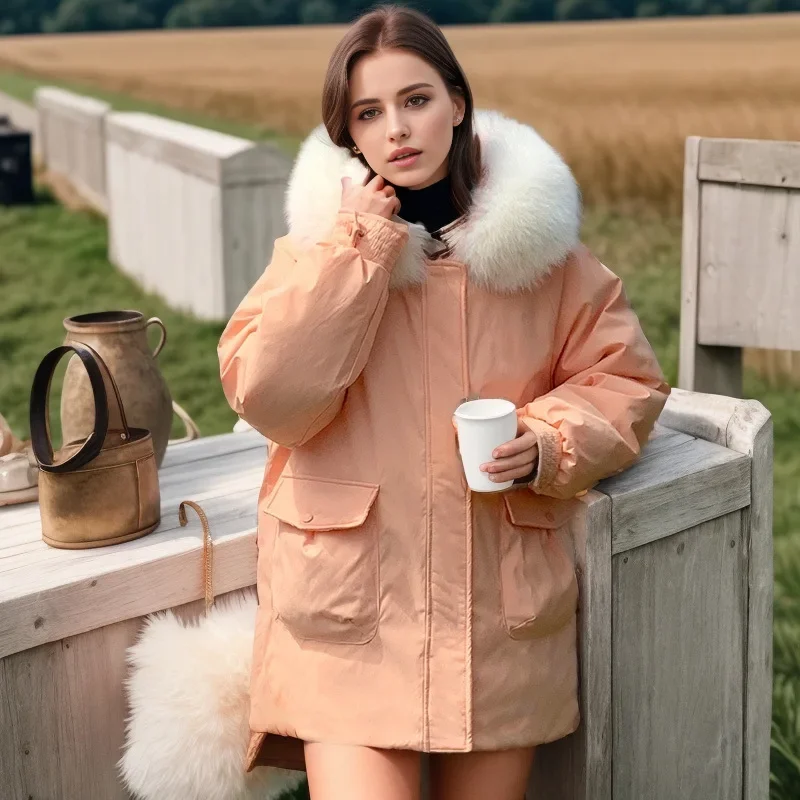 Parkas à capuche à grand col en fourrure pour femmes, doudoune rembourrée en coton, veste chaude optique, manteau mi-long, vêtements de neige pour femmes, hiver 2024