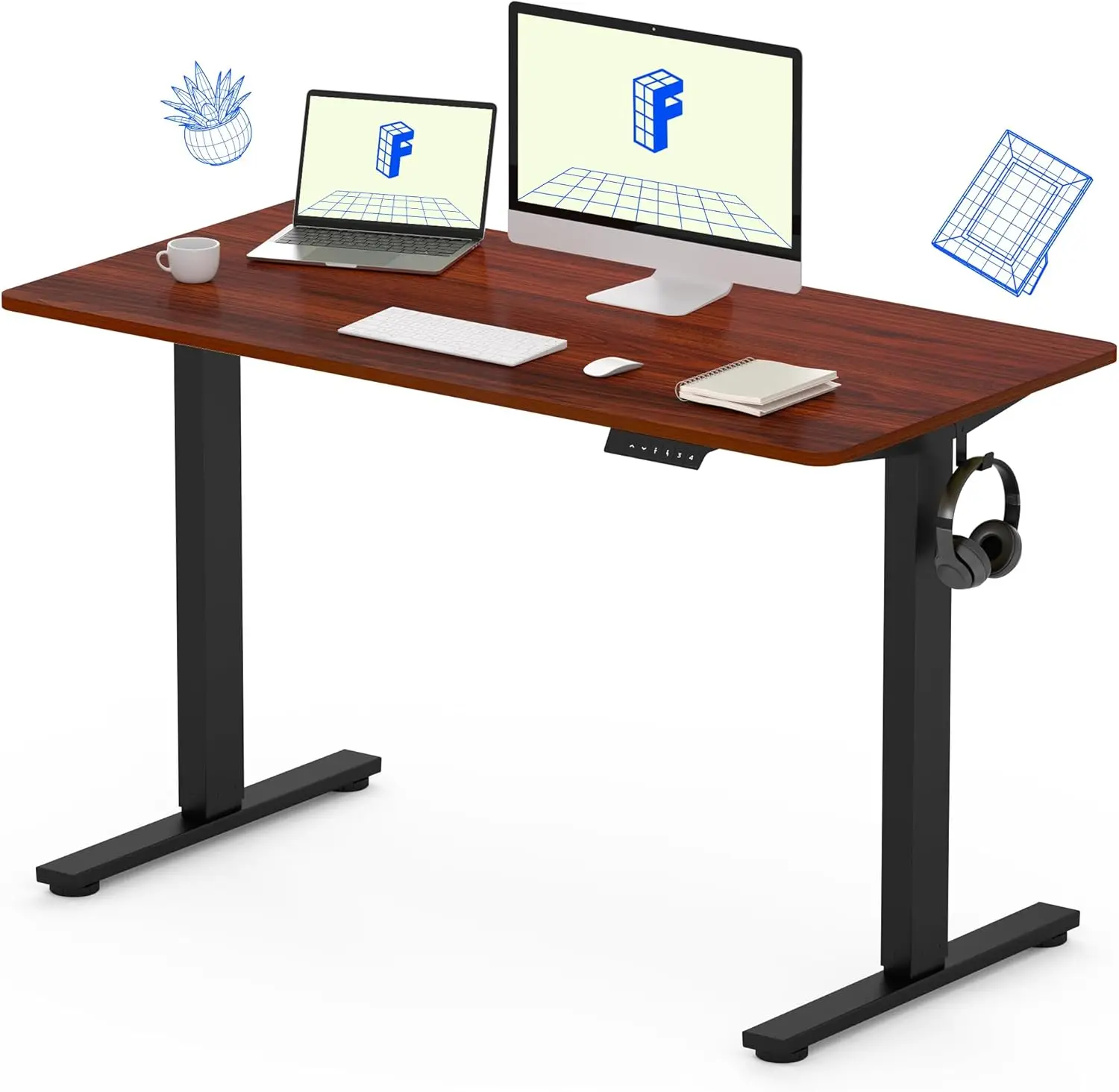 Whole-Piece Standing Desk 48 x 24 Inches, Height Adjustable Electric Sit Stand Desk (Black Frame + Mahogany Top, 2 Packages)