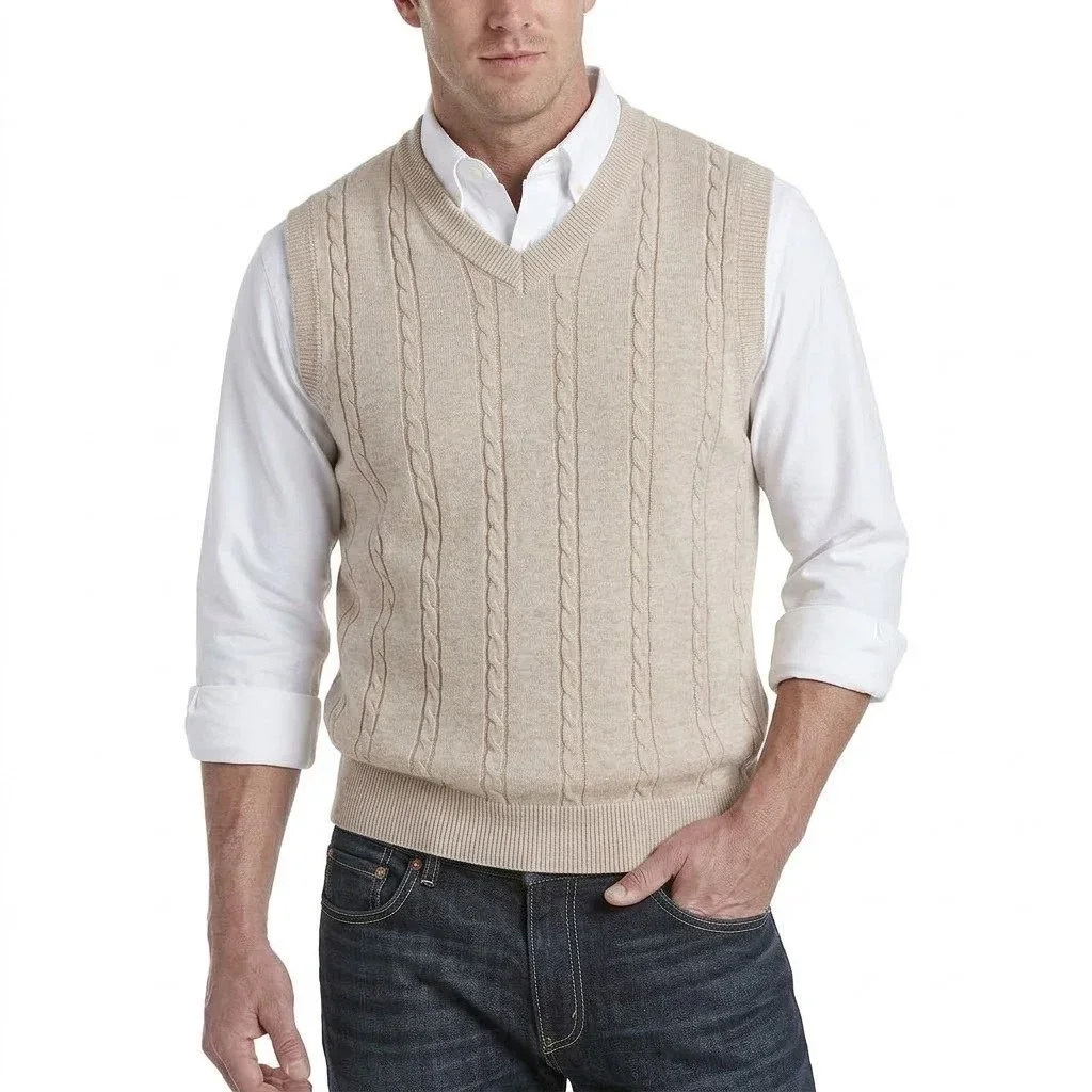 New Men's Casual Classic Dress Waistcoat Shirts Slim Fit Cable Knit Sweater Vest V-Neck Sleeveless Pullover Tops Soft Warm Coats