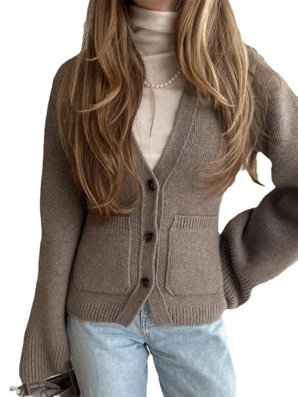 

Soft Cozy Single-Button V-Ne Knitted Cardigan Warm Fce Wrap Sle Korean Faion Long Sve Ultra-ort Length Color
