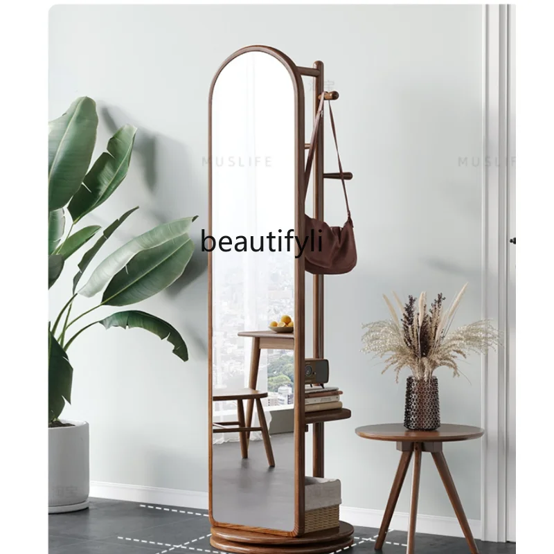 

Yj-Nordic solid wood dressing mirror, floor mirror, rotatable, movable, full body mirror, clothes hanger