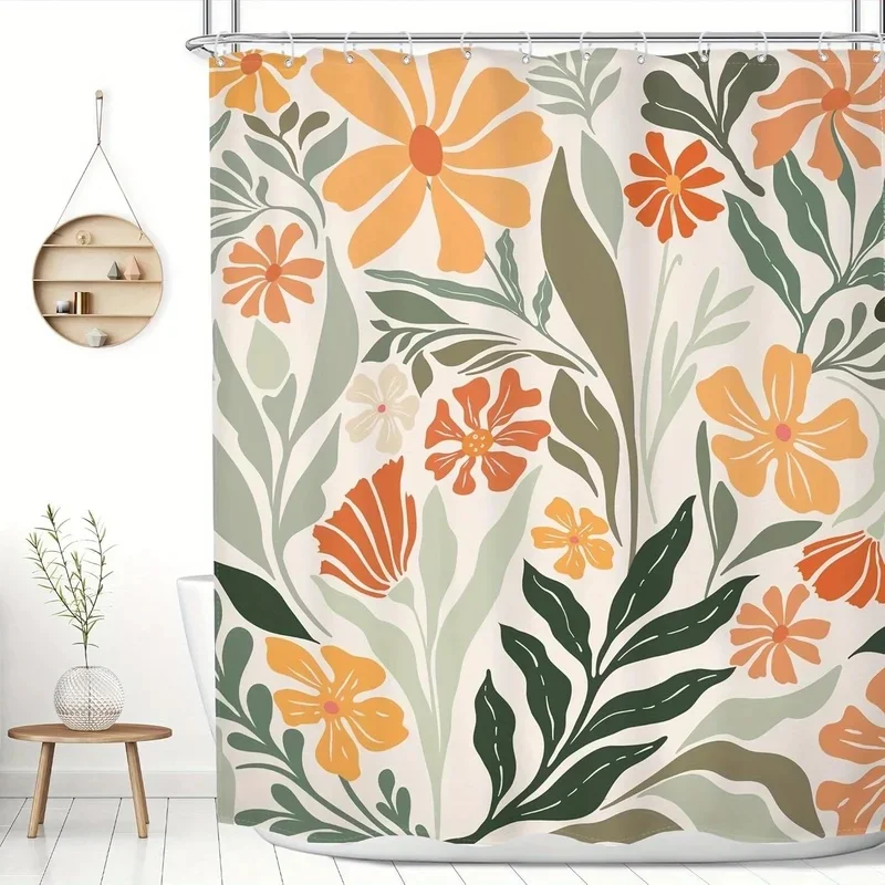 VIKAMA Abstract Botanical Shower Curtain Mid Century Modern Orange Flower and Foliage Pattern Fabric Bathroom Partition Curtain