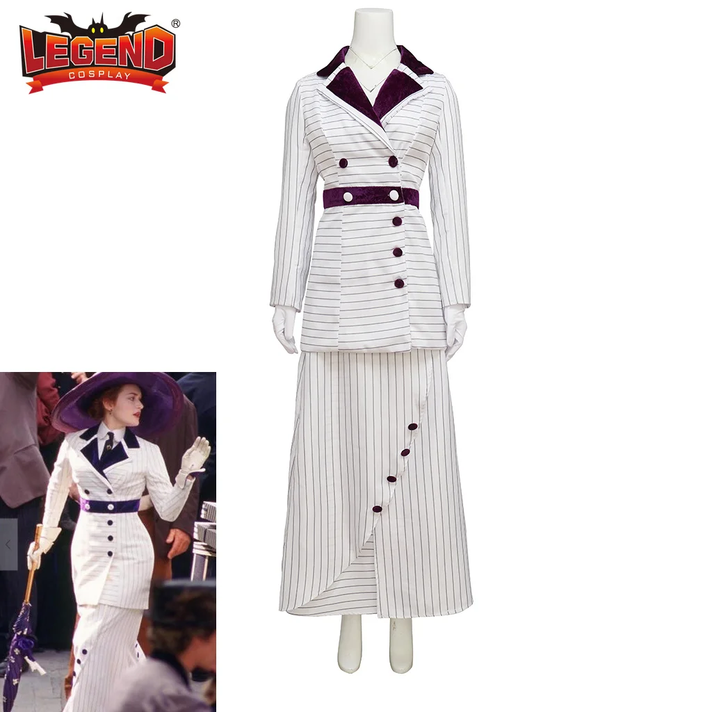 

Titanic Rose Cosplay Costume Purple Stripes Rose Dewitt Bukater Boarding Suit Dress Outfit for Women Adult Custom Made