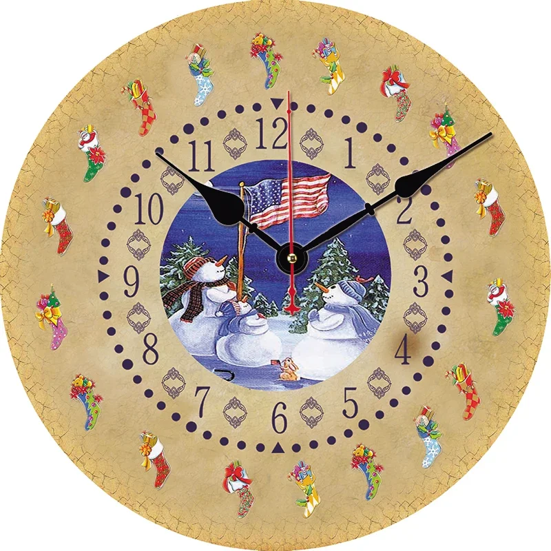 Vintage Christmas Snowman Round Wall Clock Large Dinning Restaurant Cafe Decor Wall Clock Silent Non-Ticking Nice For Gift