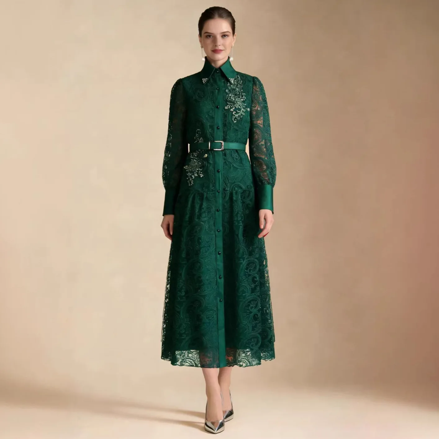 French Beaded Lace Dress for Women Spring Summer Long Sleeve Embroidered Mesh Dresses