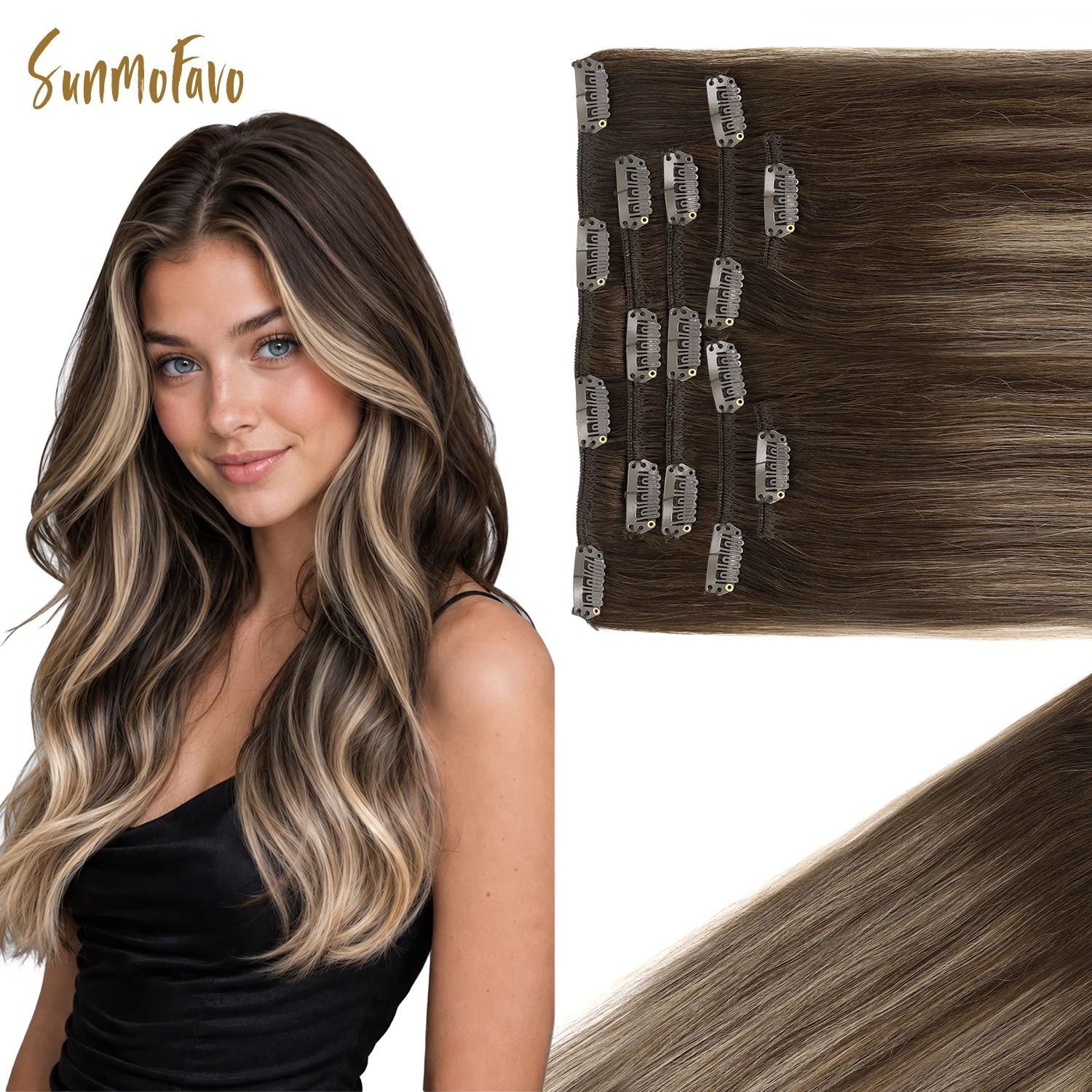 Sunmofavo Premium Remy Human Hair Straight Clip‑In Extensions, 4‑26‑4 Chocolate Brown Ombre Honey Blonde, Invisible Seamless Full‑Head Set 7Pcs 120G, Lightweight & Well‑Blended For Fine & Thinning Hair, Silky Tangle‑Free Texture, Heat‑Stylable