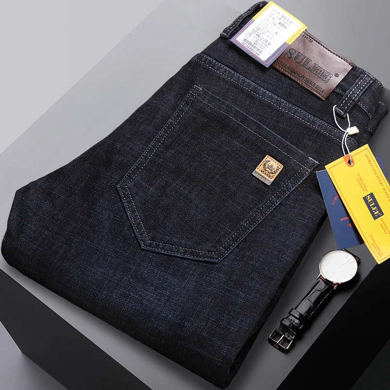 SULEE New High Quality Jeans Men\'s Business Casual Straight Denim Pants Stretch Fashion Classic Work Trousers Blue Black Male
