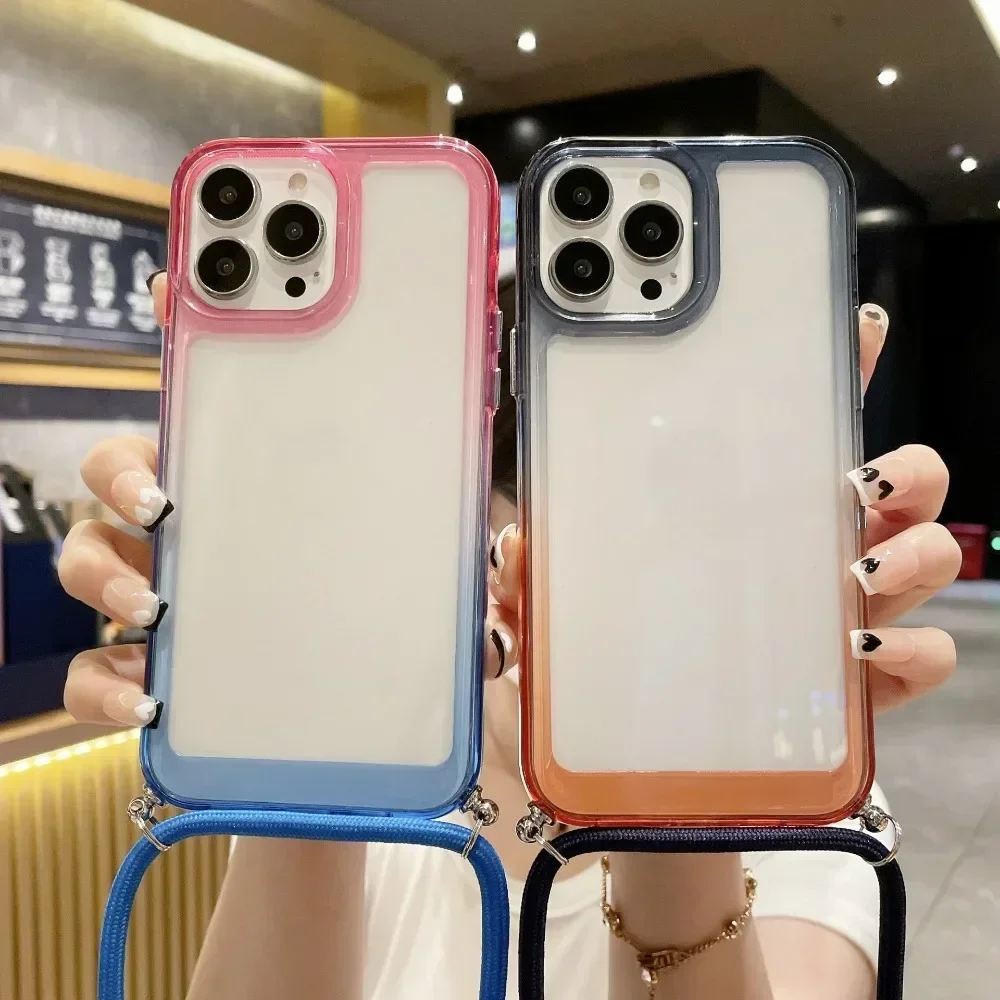 

Противоударный Прозрачный чехол для телефона iPhone 16 Pro Max 15 14 Plus, прозрачный чехол с регулируемым ремешком через плечо и длинной веревкой