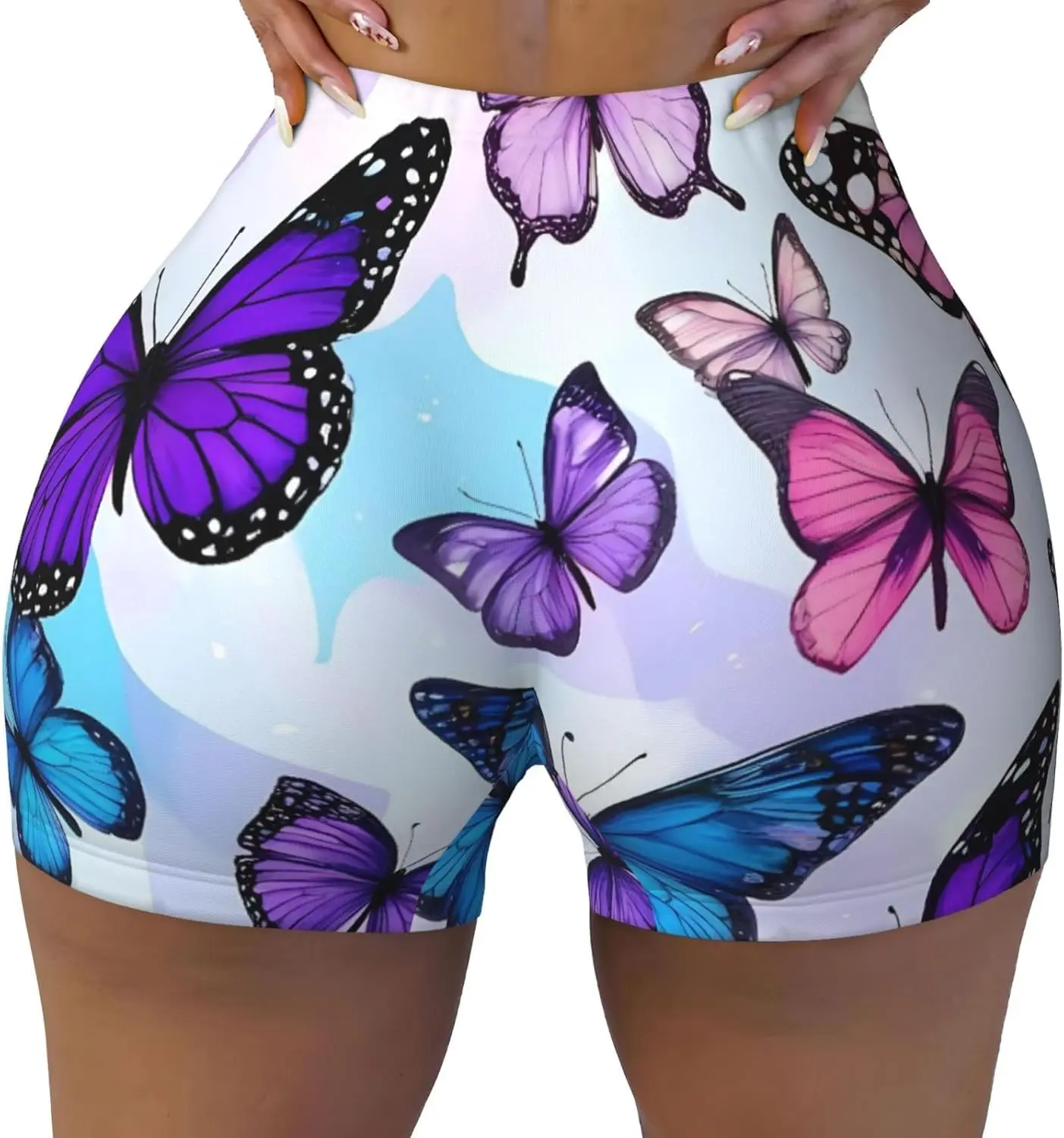 High-Waisted Shorts with Butterflies Workout Shorts for Women Short Gym Yoga Running Sport Active Exercise Fitness