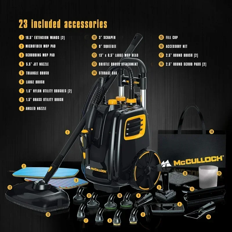 QWMcCulloch MC1385 Deluxe Canister Steam Cleaner with 23 Accessories,Chemical-Free Pressurized Cleaning for Most Floors,Counters