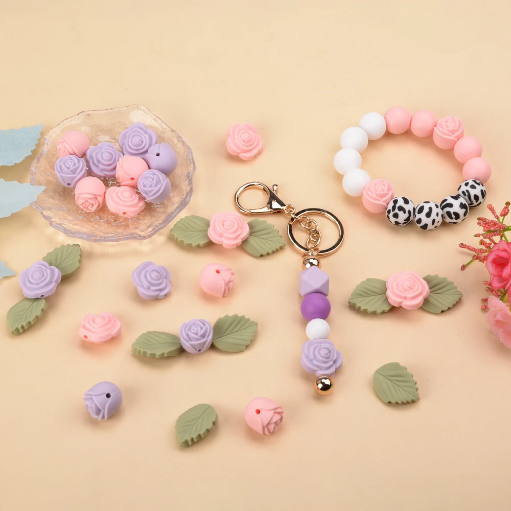 LOFCA 30 Uds. Cuentas de silicona rosas, cuentas focales de flores sin BPA, cuentas de dentición para bebé, accesorios DIY para cadena de chupete,