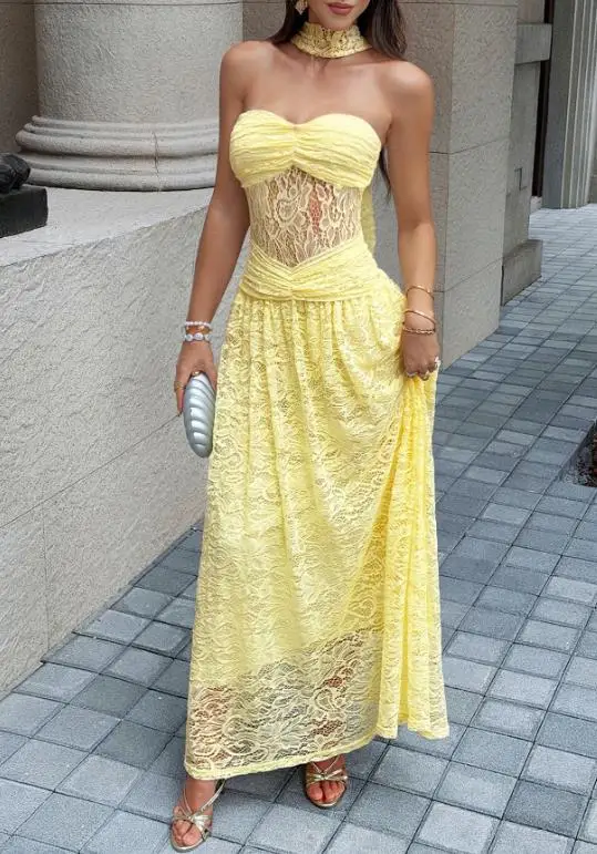 

Women's Dress Summer New French Romantic Elegant Sexy Crochet Lace Patchwork Perspective High Waist Strapless Party Dress