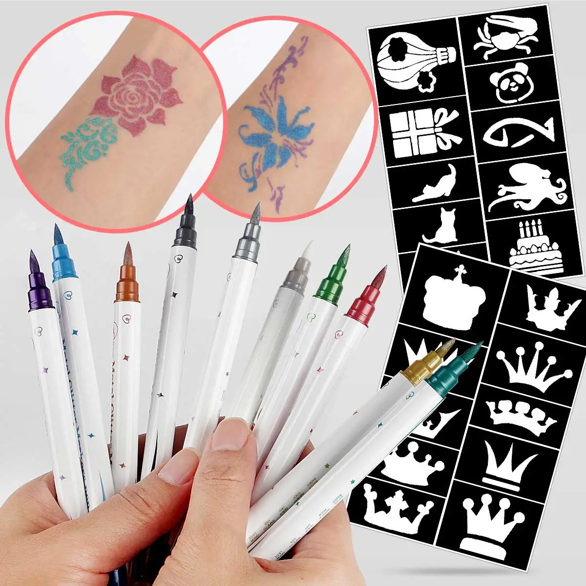 Conjunto de canetas de pintura de tatuagem temporária de ponta dupla, um conjunto de 10 canetas de pintura corporal coloridas + 10 kits de ferramentas de modelo de tatuagem de design exclusivo, pontas de caneta flexíveis, cores brilhantes, marcadores de pele de pintura corporal de 10 cores, viagens, carnaval, festas de aniversário, etc.
