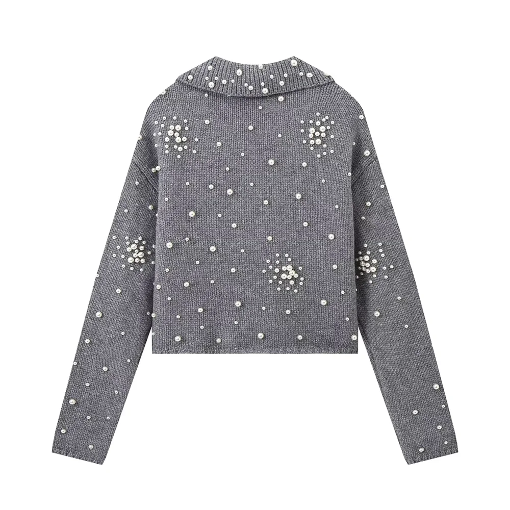 RZRA women's autumn and winter new item gray lapel with artificial pearl decoration knitted cardigan sweater jacket