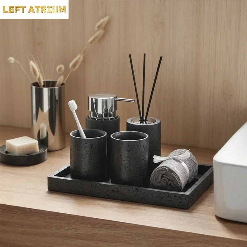 High-end Bathroom Products Wash Set Black Hole Stone Shampoo Bottle Toothbrush Holder Tray Sandstone Bathroom Accessories