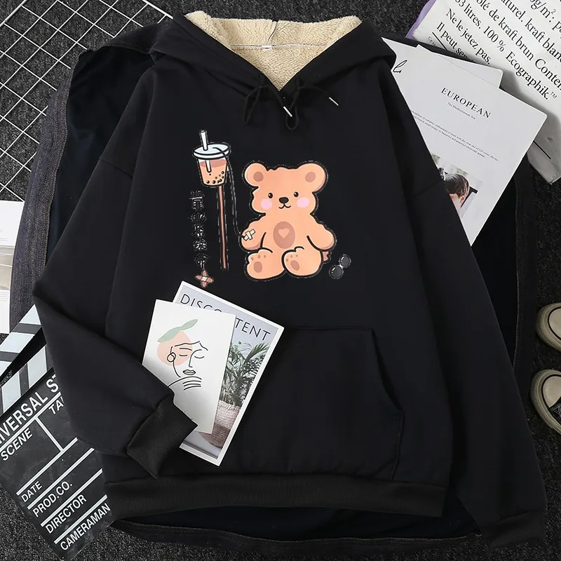 Winter Cotton Black Coat Hoodie Women Sweatshirt Lamb Cashmere Plush Thick Loose Cat Bear Print Warm Hairy Jacket Kawaii Clothes