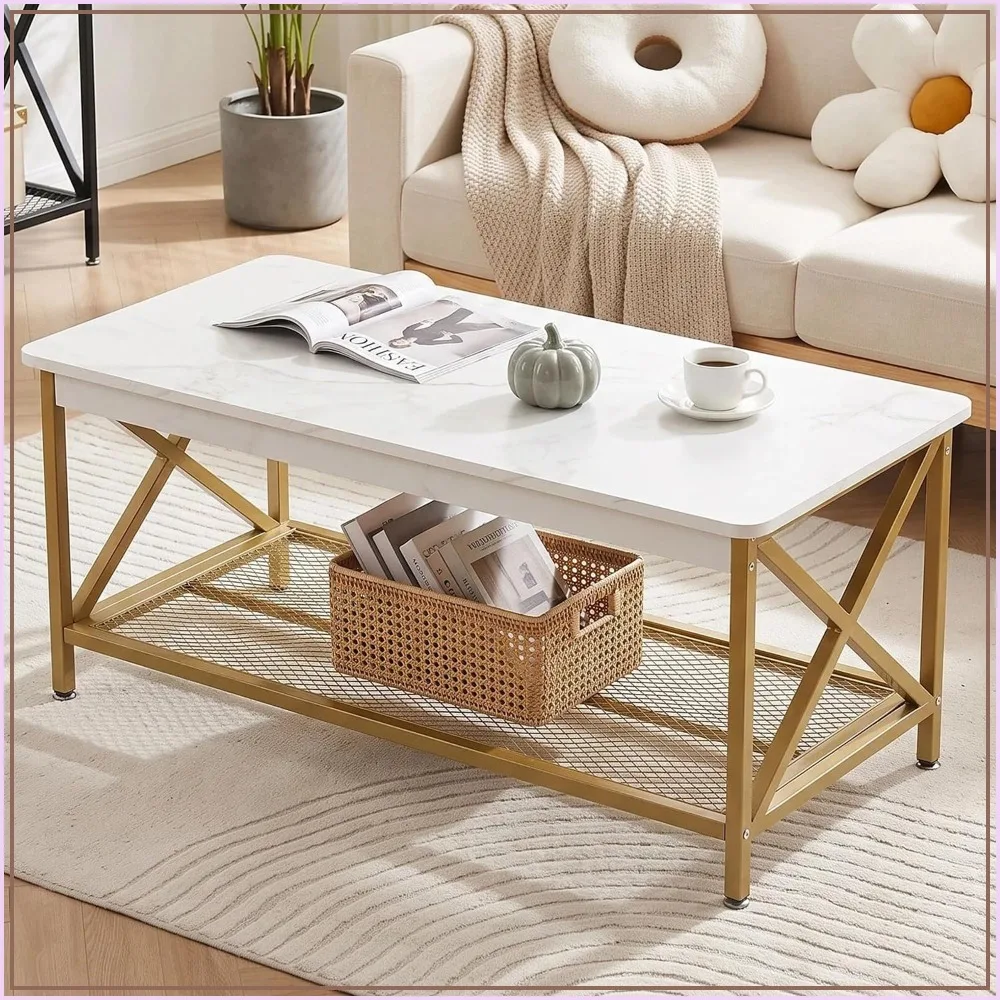 2-Tier Coffee Table X-Frame 39 inch Gold Storage Shelf Living Room Office Industrial