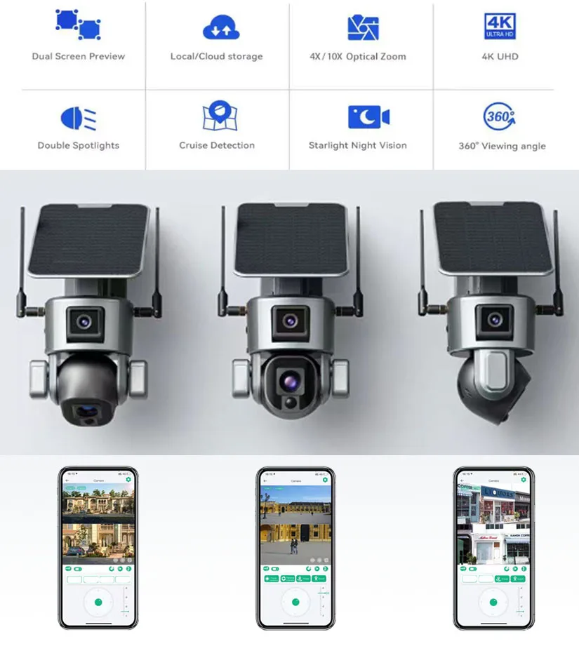 Wireless 4k Solar Security Camera System Dual Lens 20X CMOS Sensor Night Vision IP66 Waterproof Network IP Technology Cloud