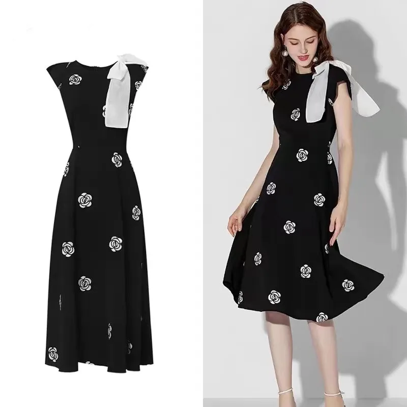 Designer Fashion New Summer Rose Flower Embroidery Office Dress Elegant Women O Neck Hit Color Bowknot Black Floral Midi Dresses