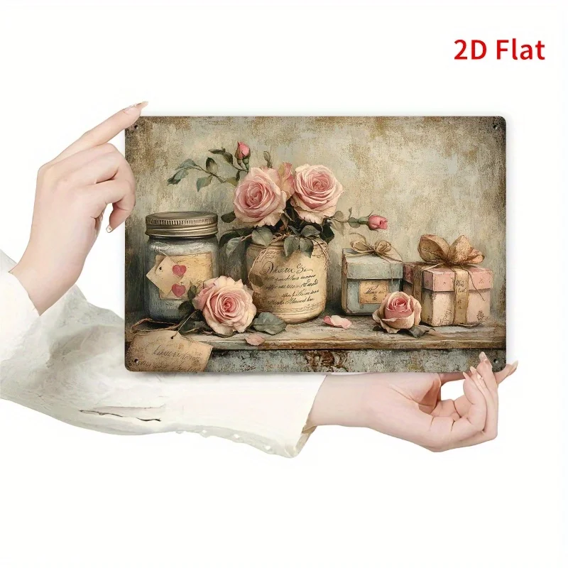 Aluminium-Metallschild, Vintage-Geschenkbox mit rosa Rosen und Glasgefäß, Stilleben-Wandplakette, wasserdichte Wanddekoration für das Schlafzimmer