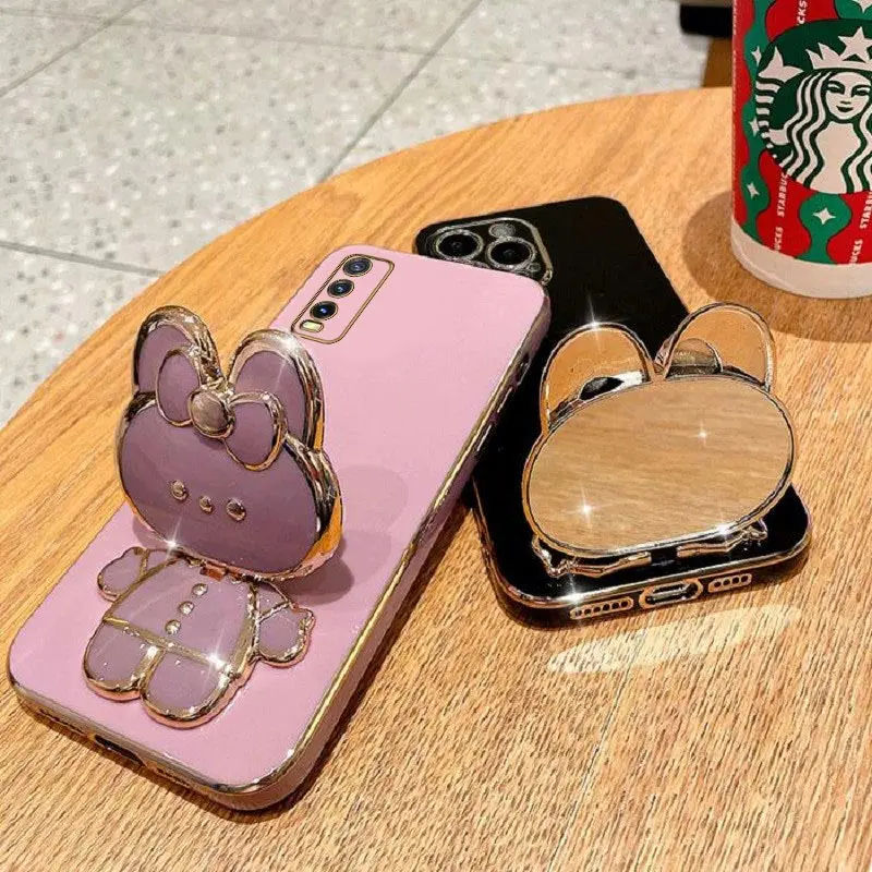 Rabbit Mirror Stand Phone Case VIVO Y20 12 15 A Y19 21 Y30 Y50 Y33 Y35 Y76 Y91 Y95 S T I Hole V23 V25 V21 V20 S1 Pro 4G 5G Cover