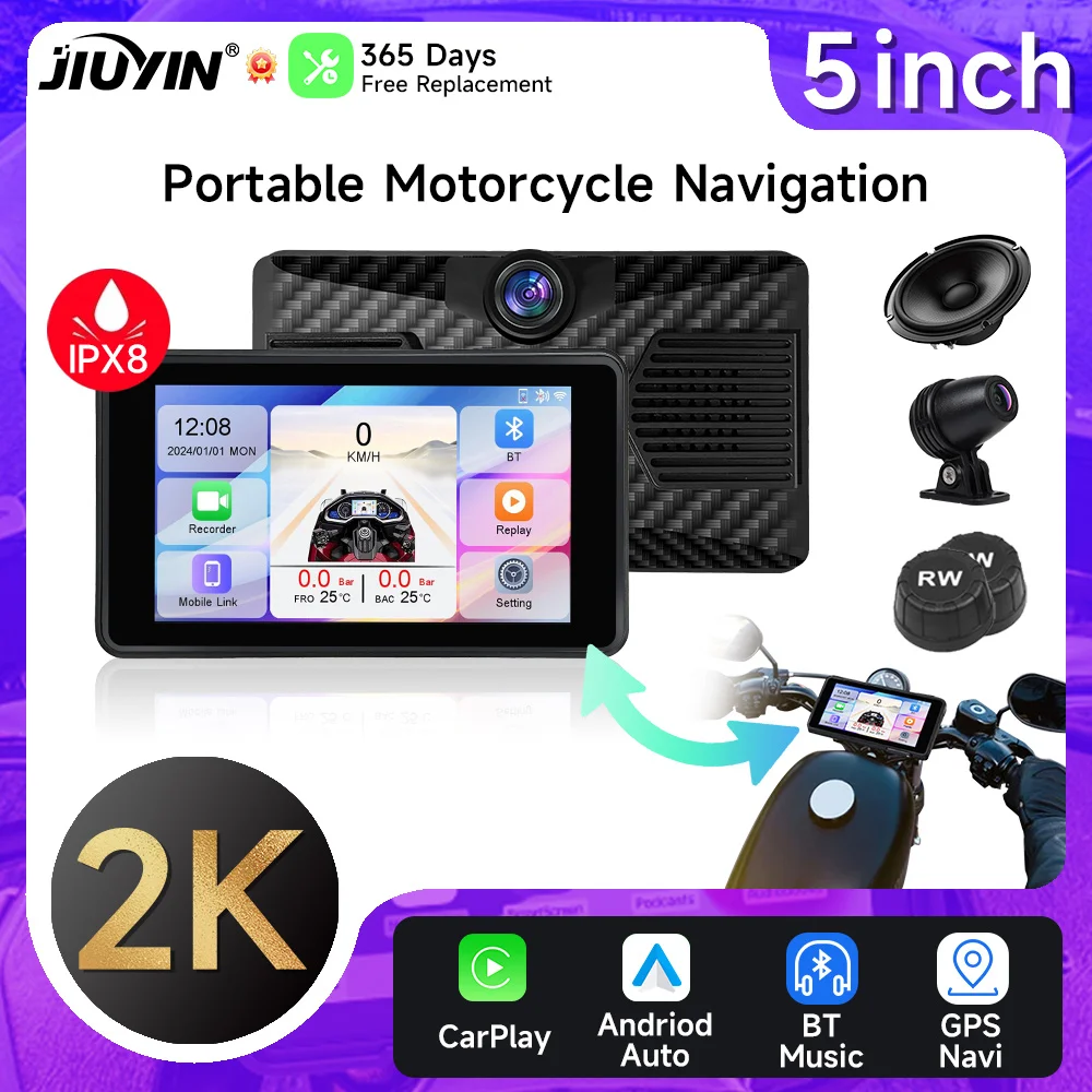 

5'' Portable Motorcycle DVR GPS navigator 2K Dash Cam Wireless Carplay Android Auto IPX8 Waterproof Front Rear Camera BT Type C