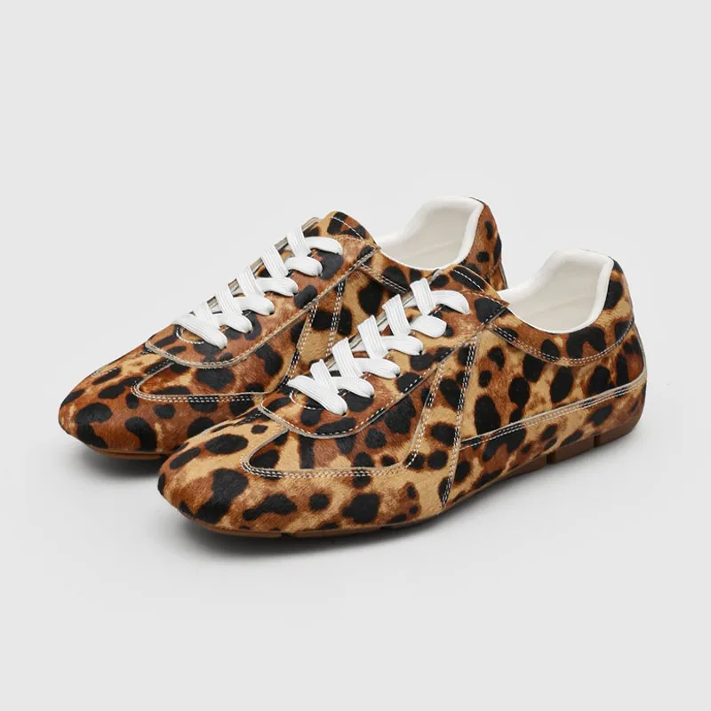 Designer Fashion Horsehair Retro Leopard Print Genuine Leather Training Shoes Men Sport Casual Daily Flat Sneakers Male Oxfords
