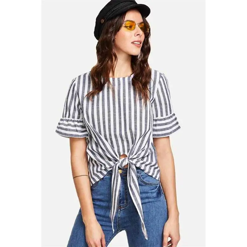 

Женская летняя повседневная шифоновая блузка Street Sle с прямым вырезом и узлом ort Sve round Ne Thin Cotton Top irt