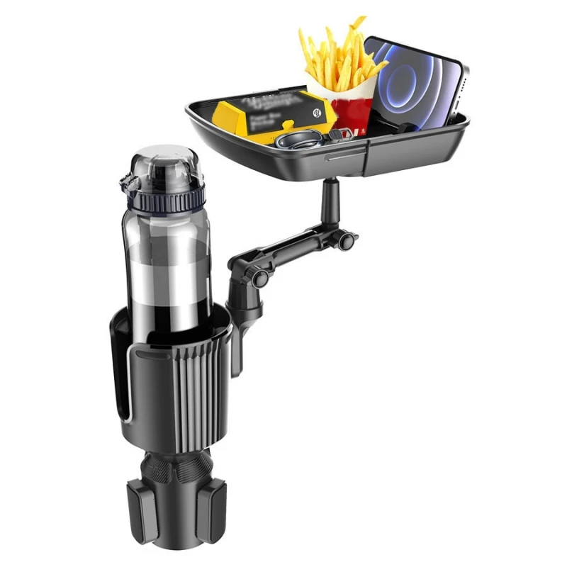 3-In-1 Car Cup Holder Expander Tray, 360°Rotatable Adjustable Arm, Detachable Auto Snack Storage Rack Holds Drink Bottle