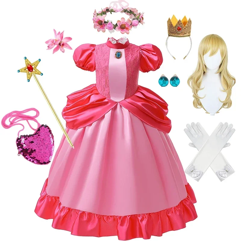 Vestido de princesa melocotón para niña, vestido elegante para fiesta de cumpleaños infantil, vestido de encaje esponjoso de lujo, disfraz de Cosplay de dibujos animados de fantasía de Halloween G