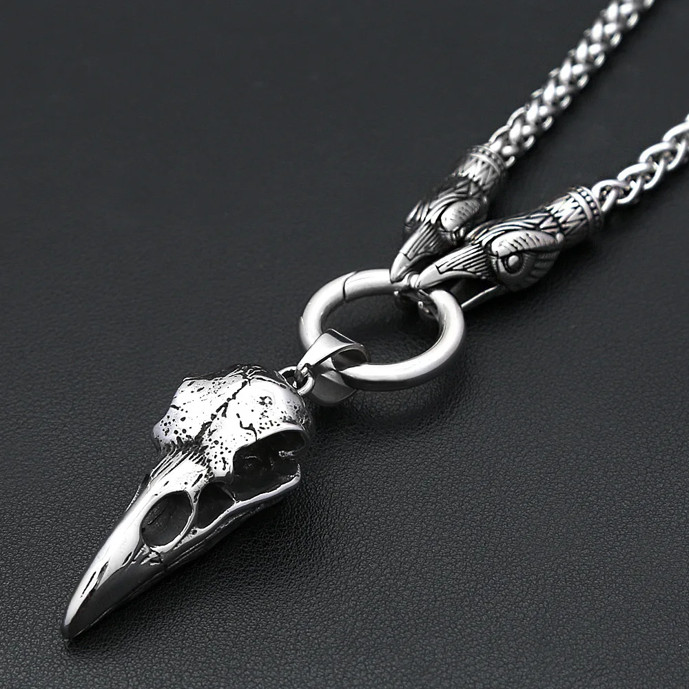 Viking Raven Pendant Necklace for Men, Stainless Steel Raven Skull Necklace, Unique Titanium Steel Punk Hip-Hop Gothic Raven Compass Stainless Steel Pendant
