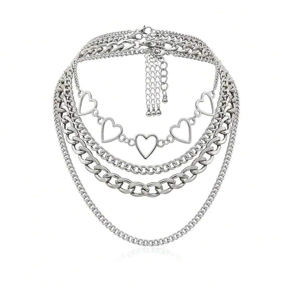 

Layered Heart Charm Cuban Chain Necklace in Silver Tone for Women and Men