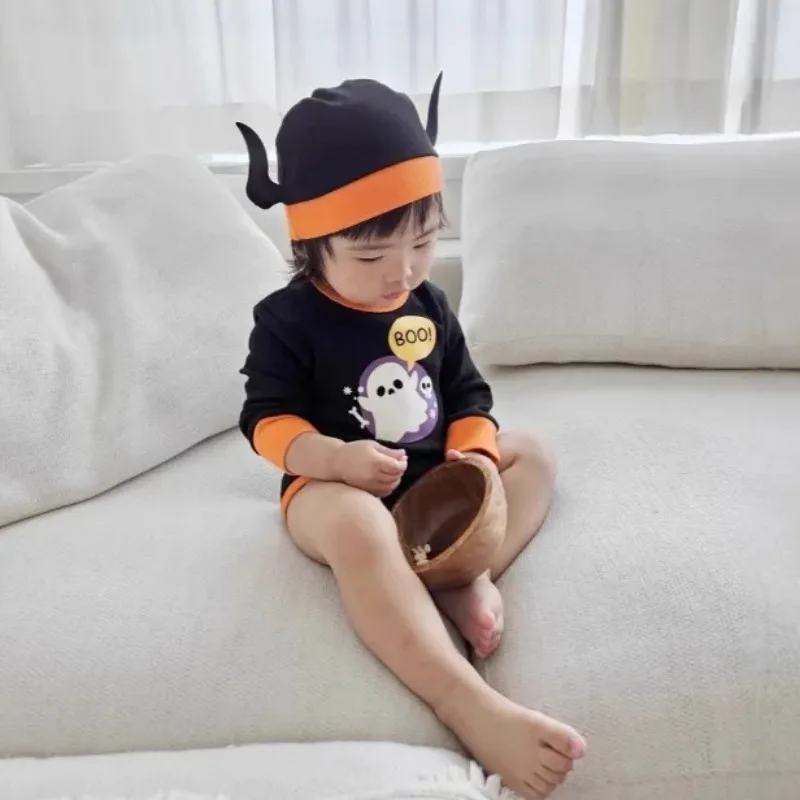 

2025 Korean Summer Baby Jumpsuit Halloween Romper Short Sleeve Bodysuit with Cartoon Pumpkin Print Soft Cotton Onesie Outfit