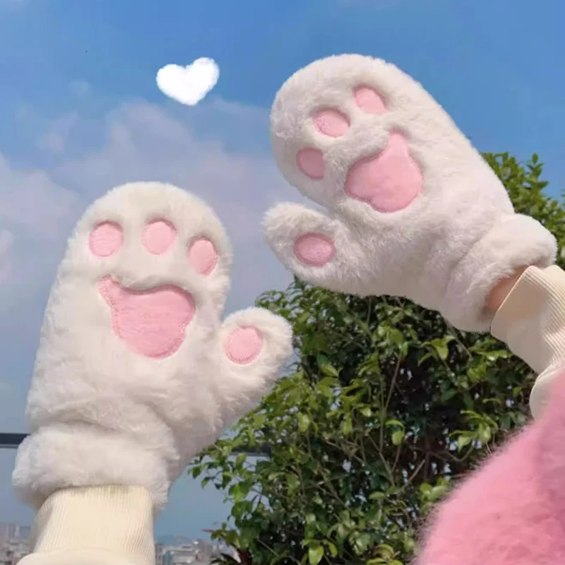 Winter Lovely Bear Plush Gloves Girls Cat Paw Claw Gloves Faux Fur Kitten Full Finger Mittens Women Christmas Halloween Gloves