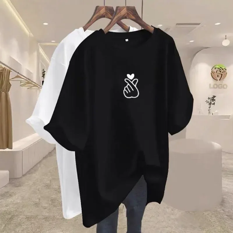 

Women Clothing Elegant Chic Print Basic T-shirts Summer Fashion Pure Cotton O-neck Short Sleeve Top Tee Loose Pullover 45-105Kg