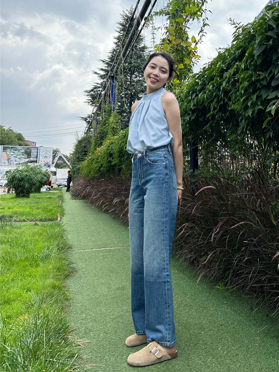 

Джинсы с высокой талией и широкими штанинами, женские свободные длинные брюки прямого кроя, винтажные синие брюки длиной до пола, осень-зима