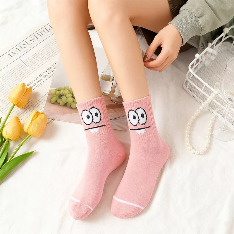 

3 Pairs Cute Cartoon Socks for Women Big Eyes Design Mid Calf Breathable Comfortable Funny Print Casual Socks for Students