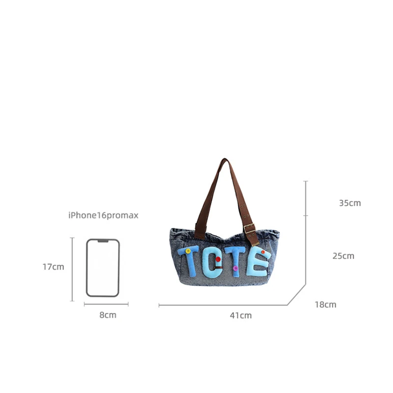 Gewaschene Denim Vintage Schultertasche, Große Kapazität Y2k Mädchen Flauschige Buchstaben Farbige Knöpfe Tragetasche, Hobo Pendler Canvas Handtasche – Detail 1