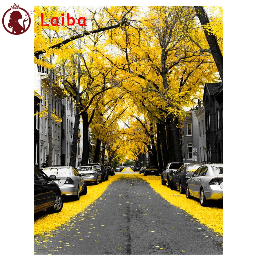 

Yellow tree street Scenery DIY 5D Diamond Painting Full Round Resin Mosaic Diamond Embroidery Picture Rhinestone Home Decor Gift