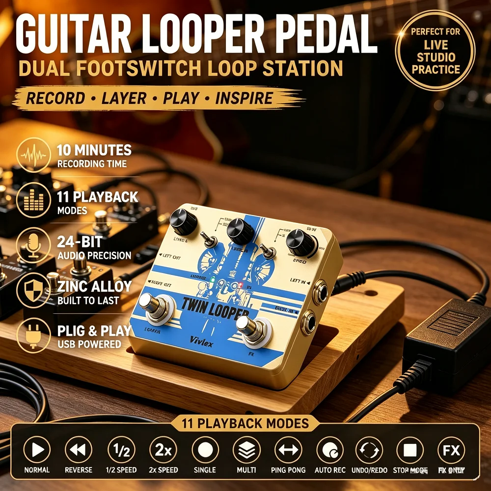 Vivlex Guitar Stompbox Twin Looper Effect Pedal Dual Footswitch Loop Station 11 Types of Play sStompbox 10 Mins Recording Time