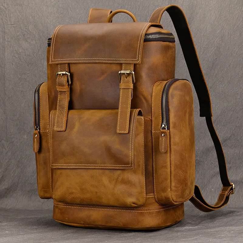 

Male Leather Backpack Top Layer Cowhide Leather Double Shoulder Bag Retro Stylish Business Men's Laptop Backpack 15.6" Bagpack