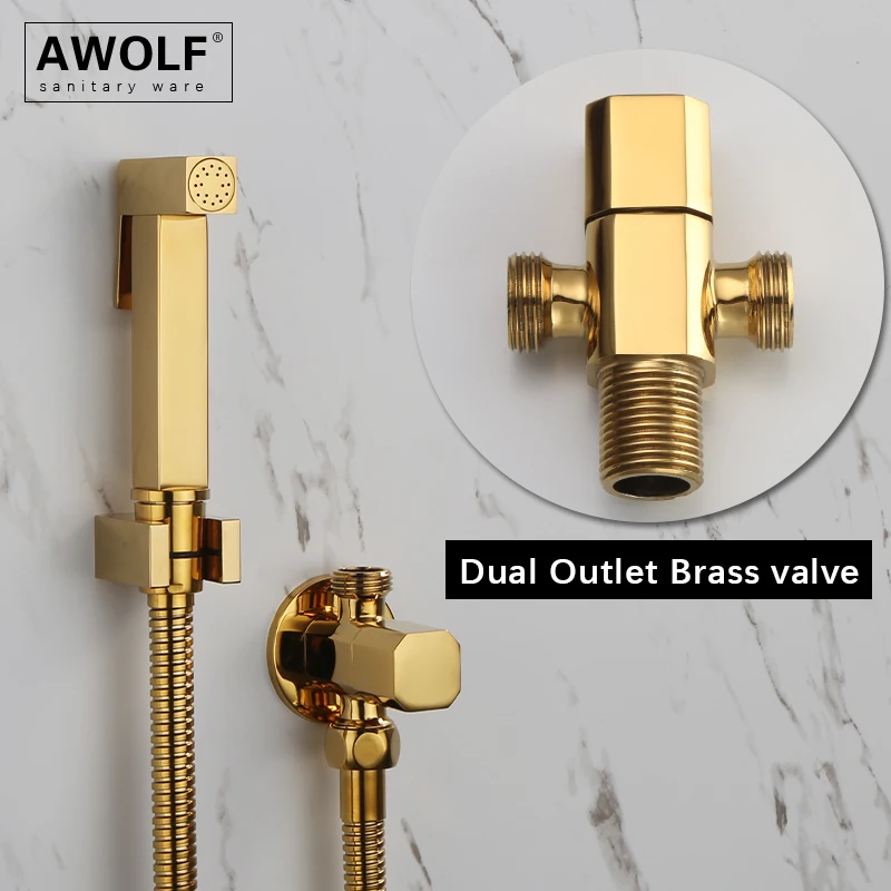 Awolf Titanium Gold Hygienic Shower Solid Brass Toilet Bidet Sprayer Set Square Shattaf Shower Head & Anal Shower System AP2108