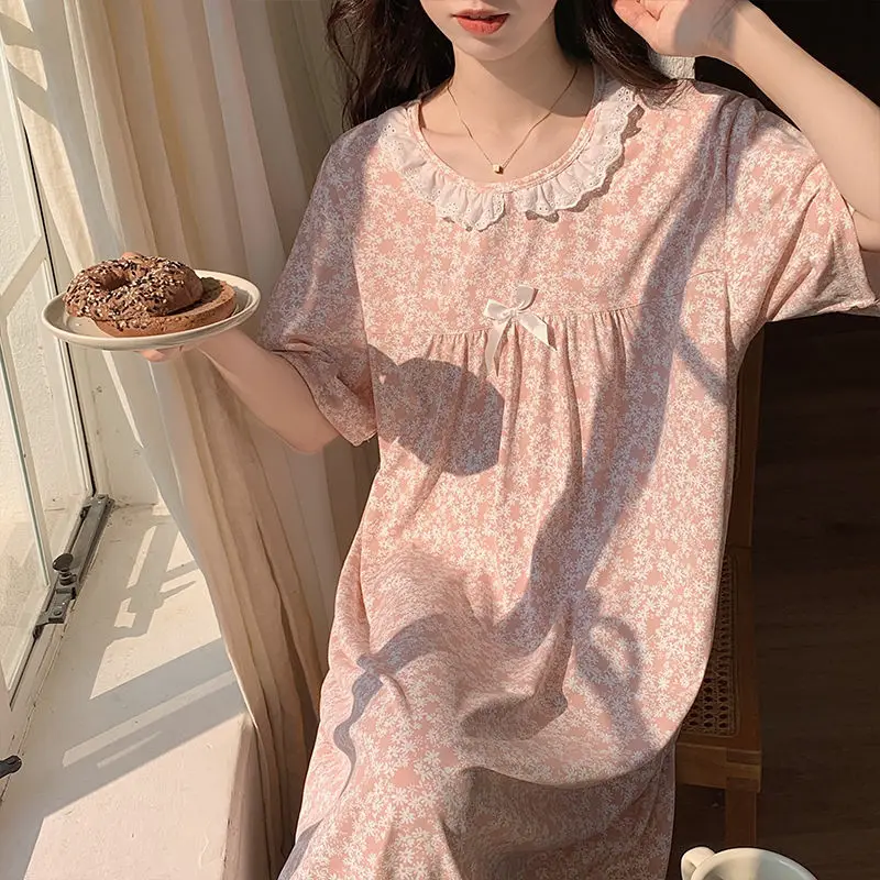 Plaid Women Nightgown Sleepwear Lace Short Sleeve Night Dress Summer Bow Night Wears Bow Korean Style One Piece Pajamas 2024 New