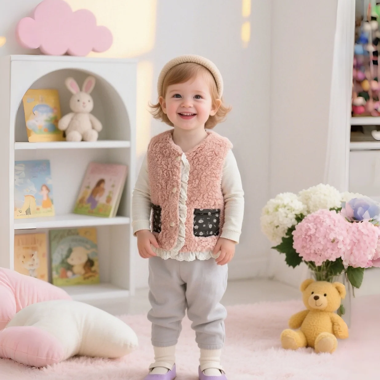 

New Winter Baby Girl Fleece Vest With Cute Floral Pockets For Daily Warmth And Outdoor Baby Clothing (9 Months To 4 Years Old)