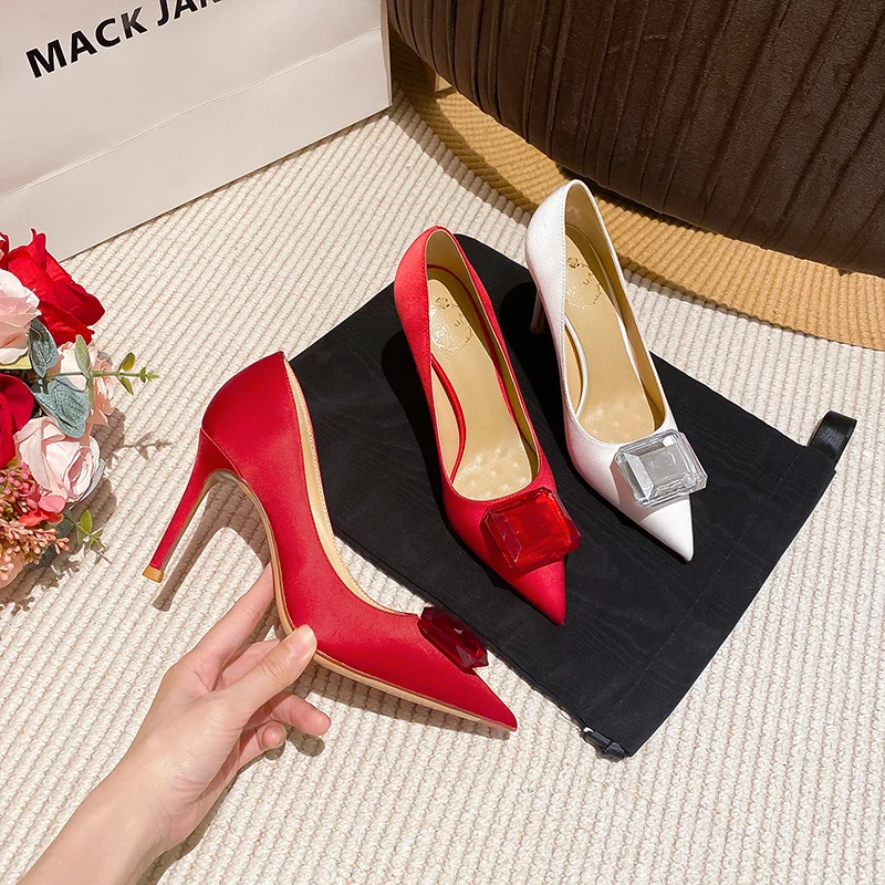 

Spring and Summer New Pointed Rhinestone Square Buckle Single Shoes Thin High Heel Banquet Dress Large and Small Women's Shoes