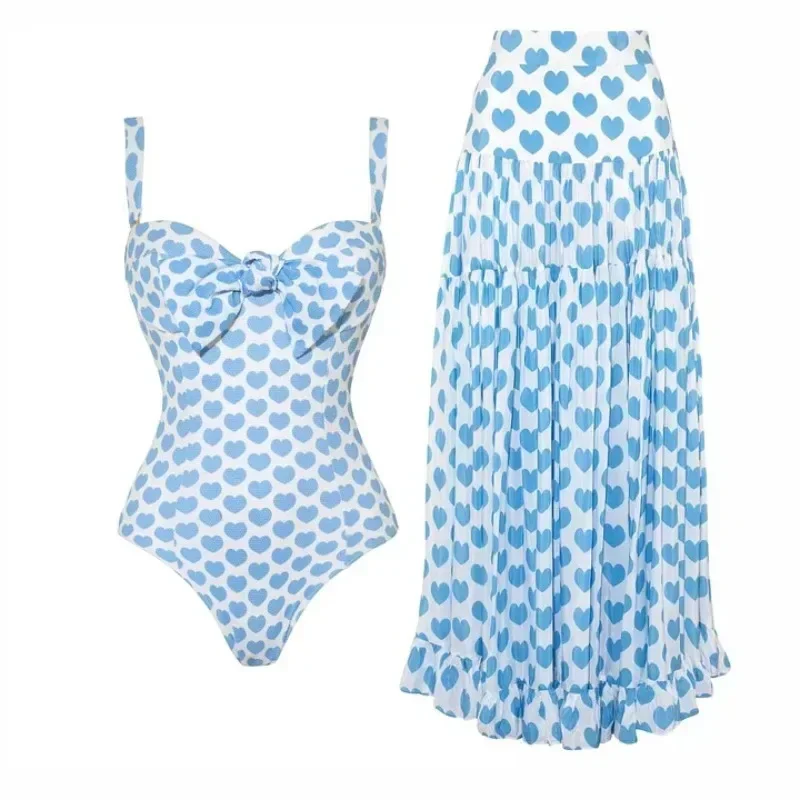 Small Fresh Love Vacation One Piece Swimsuit Set for Women 2024 European and American New Style for Women